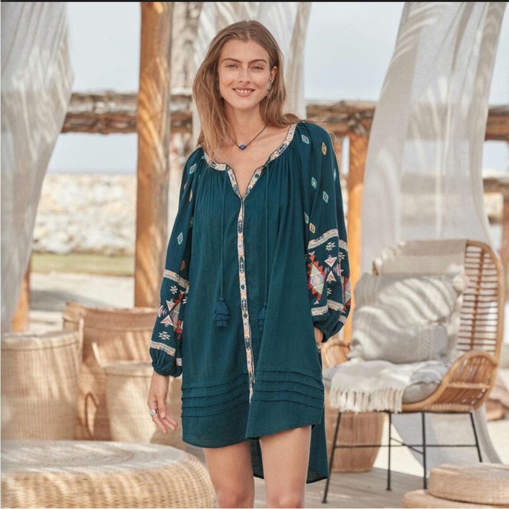 Boho Embroidered Teal Tunic Dress, Size L
